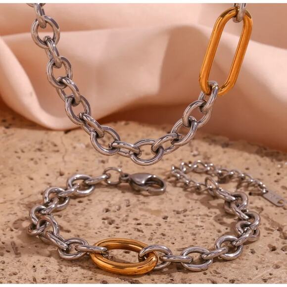 Oval Link Stainless Steel 18K Gold Necklace Bracelet Set Industrial Urban NEW - Picture 3 of 5
